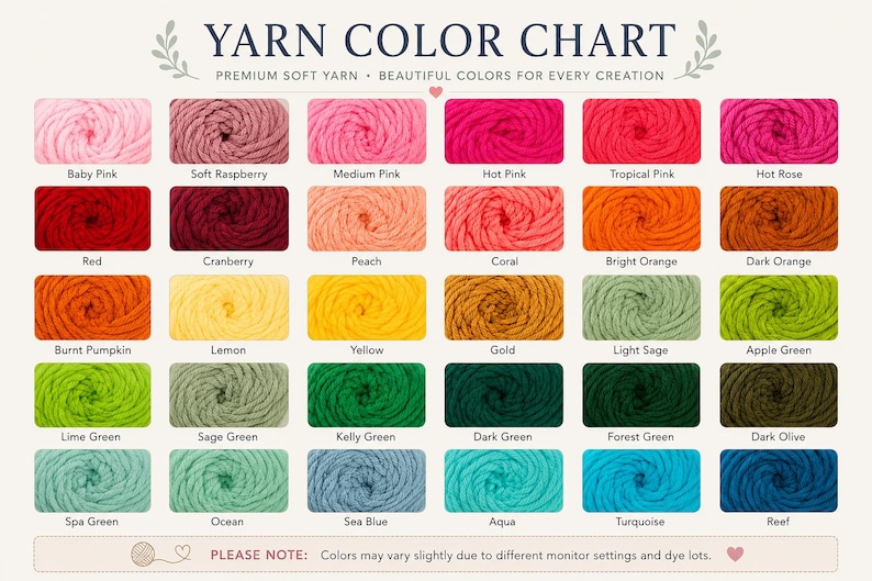 The image is a color chart that displays a variety of yarn colors, including soft yarns, natural yarns, and premium yarns. The chart provides a visual representation of the different colors available for knitting or crocheting, with each color represented by a unique yarn texture. The chart also includes a note that colors may vary slightly due to different monitor settings and dye lots.