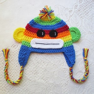 Rainbow Sock Monkey Crochet Hat - Winter Hat - Photo Prop - Animal Hat - Monkey Hat - Available in Any Color Combination