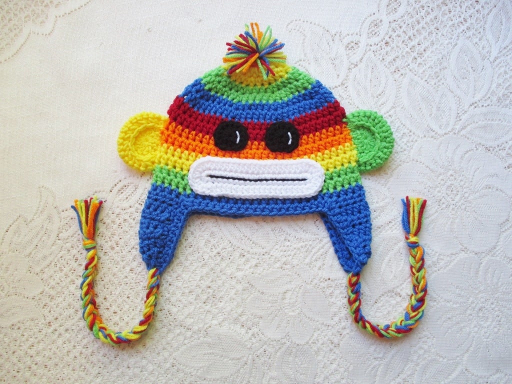 Rainbow Sock Monkey Crochet Hat Winter 