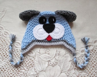READY TO SHIP - 9 to 12 Month Size - Baby Blue and Shades of Grey Short Ear Puppy Dog Crochet Hat - Winter Hat or Photo Prop