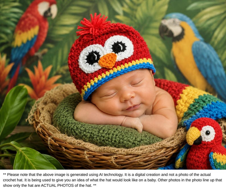 Puede incluir: Un beb&eacute; dormido con un gorro y bufanda de crochet rojo, blanco y azul con forma de p&aacute;jaro, acurrucado en una cesta tejida. El fondo presenta loros y follaje tropical. El gorro tiene grandes ojos blancos y un pico naranja.