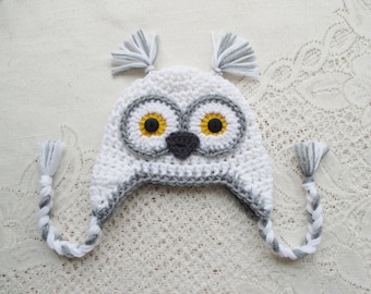 White and Grey Snow Owl Crochet Hat - Winter Hat - Photo Prop - Owl Hat - Animal Hat - Available in Any Color Combination