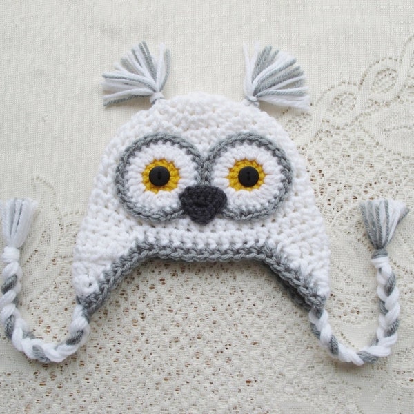 White and Grey Snow Owl Crochet Hat - Winter Hat - Photo Prop - Owl Hat - Animal Hat - Available in Any Color Combination