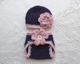 Purple & Raspberry Crochet Baby Beanie Hat and Diaper Cover - Baby Photo Prop - Baby Shower Gift - Avail in 0 to 6 Months - Any Color Combo