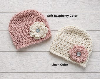 Crochet Baby Girl Beanie Hat with Flower, Newborn Photo Prop, Newborn Keepsake, Baby Shower Gift