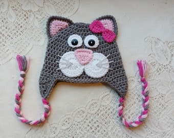 READY TO SHIP - 1 to 3 Year Size - Crochet Kitty Cat Hat - Winter Hat - Photo Prop - Animal Hat - Crochet Hat - Kitty Hat - Cat Hat
