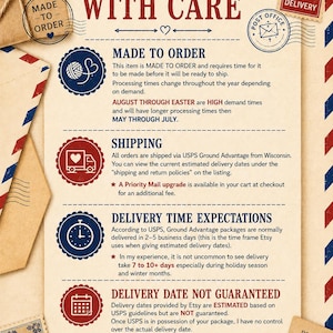 The image is a poster with various text elements and icons related to the topic of handmade items and care. It includes a message of thanks for support, information about the handmade process, and details about shipping and tracking. The poster is not a single image but a collage of different elements, including postage stamps, a heart, and a clock. The text and icons are arranged in a clear and organized manner, providing information about the handmade items and their care.