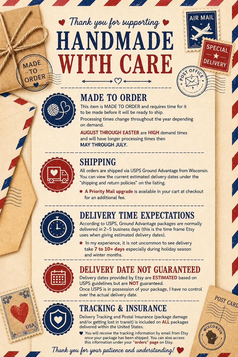 The image is a poster with various text elements and icons related to the topic of handmade items and care. It includes a message of thanks for support, information about the handmade process, and details about shipping and tracking. The poster is not a single image but a collage of different elements, including postage stamps, a heart, and a clock. The text and icons are arranged in a clear and organized manner, providing information about the handmade items and their care.