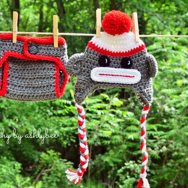 Baby Sock Monkey Crochet Hat and Diaper Cover Set - Baby Photo Prop - Baby Shower Gift - Baby Monkey - Available in 0 to 6 Months