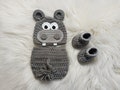 Baby Hippo Crochet Hat, Diaper Cover and Booties - Baby Photo Prop - Baby Shower Gift - Animal Hat - Available in 0 to 6 Months