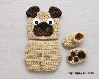 Crochet Baby Pug Puppy Hat and Diaper Cover, Newborn Photo Prop, Halloween Costume, Dog Bone Toy, Baby Shower Gift, Crochet Baby Hat