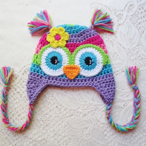 Rainbow Striped Crochet Owl Hat - Photo Prop - Winter Hat - Available in Any Color Combination