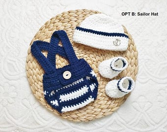 Baby Sailor Crochet Hat and Diaper Cover -Newborn Photo Prop - Baby Shower Gift - Newborn Sailor Outfit - Nautical Outfit - MADE TO ORDER