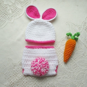 READY TO SHIP - 0 to 3 Month Size -  White Easter Bunny Crochet Hat, Diaper Cover, Carrot - Baby Photo Prop - Baby Bunny - Crochet Bunny Hat