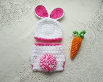 READY TO SHIP - 0 to 3 Month Size -  White Easter Bunny Crochet Hat, Diaper Cover, Carrot - Baby Photo Prop - Baby Bunny - Crochet Bunny Hat