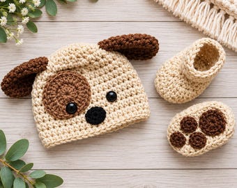 Crochet Baby Puppy Hat and Booties, Newborn Photo Prop, Halloween Costume, Baby Shower Gift, Crochet Baby Outfit