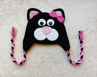 READY TO SHIP - 1 to 3 Year Size - Crochet Kitty Cat Hat - Winter Hat - Photo Prop - Animal Hat - Crochet Hat - Kitty Hat - Cat Hat
