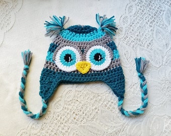 Teal, Grey and Turquoise Crochet Owl Hat - Winter Hat or Photo Prop - Available in Any Color Combination