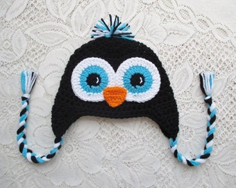 READY TO SHIP - 1 to 3 Year Size - Black and Turquoise Crochet Penguin Hat - Winter Hat - Photo Prop - Animal Hat - Crochet Hat