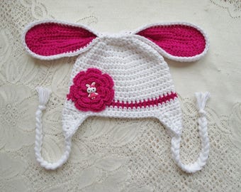 READY TO SHIP - 1 to 3 Year Size - White Easter Bunny Crochet Hat - Photo Prop - Winter Hat - Animal Hat - Crochet Hat - Easter Hat