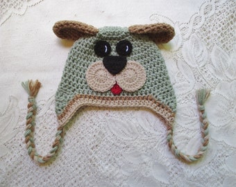 READY TO SHIP - 9 to 12 Month Size - Sage Green, Warm Brown and Tan Short Ear Puppy Crochet Hat - Photo Prop