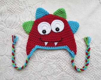 Monster Crochet Hat - Red, Turquoise and Lime - Winter Hat - Photo Prop - Crochet Hat - Available in Any Color Combination