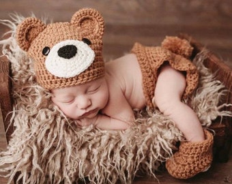 Baby Bear Hat, Diaper Cover and Booties - Baby Photo Prop - Baby Shower Gift - Baby Bear Hat - Available in 0 to 6 Months - Any Color Combo