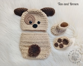 Baby Puppy Dog Crochet Hat and Diaper Cover Set - Baby Photo Prop - Baby Shower Gift - Available in 0 to 6 Months - Any Color Combination