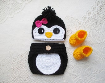 Baby Penguin Crochet Hat and Diaper Cover - Baby Photo Prop - Baby Shower Gift - Available in 0 to 6 Months - Any Color Combo