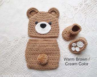 Baby Bear Hat, Diaper Cover and Booties - Baby Photo Prop - Baby Shower Gift - Baby Bear Hat - Available in 0 to 6 Months - Any Color Combo