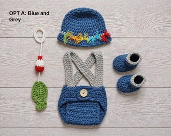 Baby Fishing Outfit - Newborn Fishing Outfit - Baby Fishing Photo Prop - Baby Shower Gift - Fishing Hat -  Newborn Fisherman - MADE TO ORDER