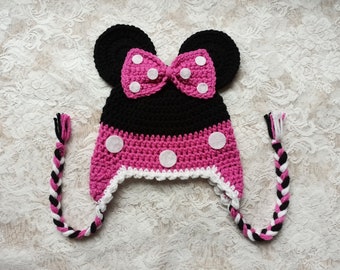READY TO SHIP - 6 to 12 Month Size - Rose Pink Mouse Crochet Hat - Winter Hat - Photo Prop - Minnie Mouse - Crochet Hat