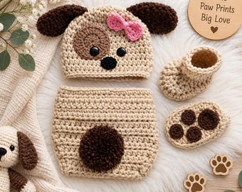 Crochet Baby Puppy Hat and Diaper Cover, Newborn Photo Prop, Halloween Costume, Dog Bone Toy, Baby Shower Gift, Crochet Baby Hat