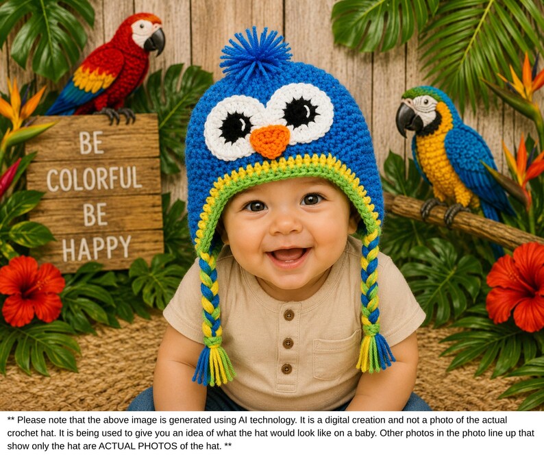 Puede incluir: Un beb&eacute; sonriente con un gorro de b&uacute;ho azul tejido con ojos blancos, pico naranja y ribetes amarillos y verdes. El gorro tiene trenzas laterales. El fondo incluye loros, flores y el texto "BE COLORFUL BE HAPPY."