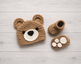 Baby Bear Hat and Booties - Newborn Photo Prop - Baby Shower Gift - Baby Bear Hat - Halloween Costume - Newborn Keepsake