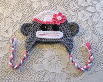 READY TO SHIP - 6 to 12 Month Size - Girl Sock Monkey Crochet Hat - Winter Hat - Photo Prop - Animal Hat - Crochet Hat