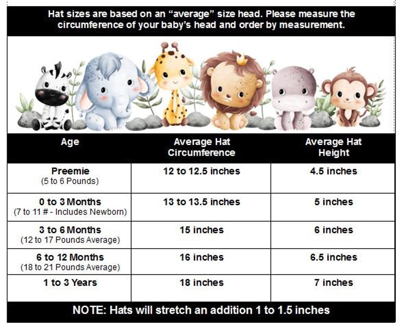 May include: Chart showing average hat sizes for babies from preemie to 3 years old. The chart includes the average head circumference in inches and the average hat height in inches. The chart is illustrated with cute animal characters.