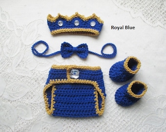 Baby Prince Crochet Outfit - Baby Crown Photo Prop - Newborn Crown Set - Crochet Crown Set - Available in 60 Colors - 0 to 6 Months Size