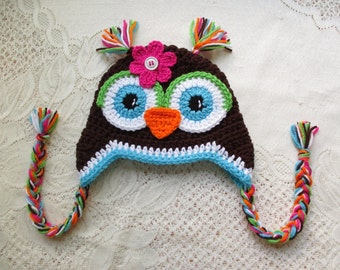 READY TO SHIP - 1 to 3 Year Size - Dark Brown  and Turquoise Crochet Owl Hat with Flower - Photo Prop