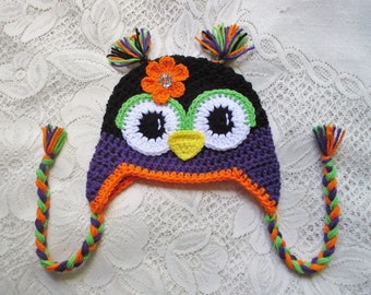 READY TO SHIP - 3 to 5 Year Size - Black, Orange and Purple Halloween Owl Crochet Hat - Winter Hat or Photo Prop