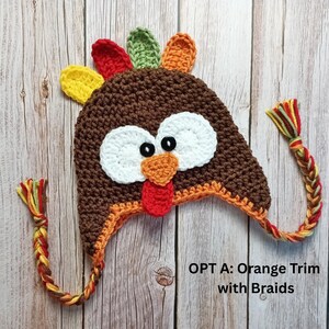 Baby Turkey Crochet Hat, Newborn Photo Prop, Turkey Costume, Hats for Fall, Newborn Turkey Hat, Turkey Beanie, Thanksgiving Photo Prop OPT A: Orange-Braids