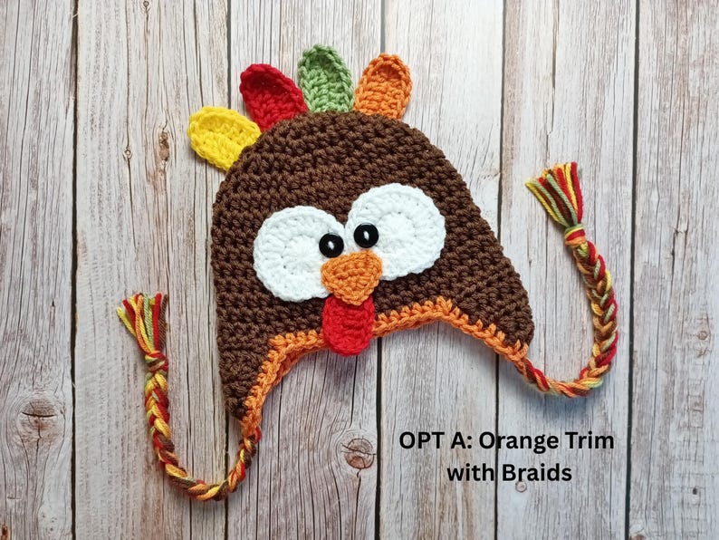 Baby Turkey Crochet Hat, Newborn Photo Prop, Turkey Costume, Hats for Fall, Newborn Turkey Hat, Turkey Beanie, Thanksgiving Photo Prop OPT A: Orange-Braids