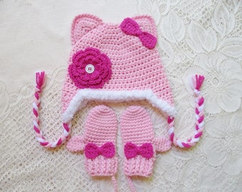 READY TO SHIP - 1 to 2 Year Size - Shades of Pink Kitty Cat Crochet Winter Hat and Mitten Set  - Photo Prop