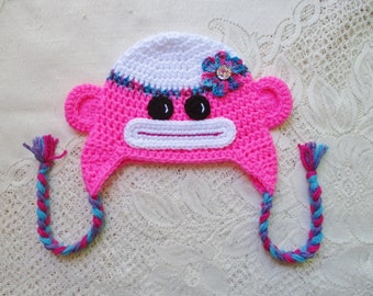 READY TO SHIP - 1 to 3 Year Size - Neon Pink Sock Monkey Crochet - Winter Hat - Photo Prop - Animal Hat - Crochet Hat
