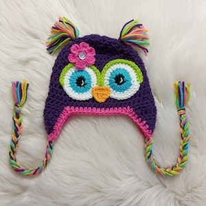 READY TO SHIP - 3 to 5 Year - Dark Purple and Bright Pink Crochet Owl Hat - Winter Hat - Photo Prop - Owl Hat - Animal Hat