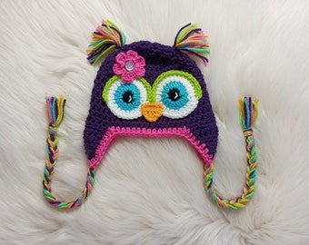 READY TO SHIP - 3 to 5 Year - Dark Purple and Bright Pink Crochet Owl Hat - Winter Hat - Photo Prop - Owl Hat - Animal Hat