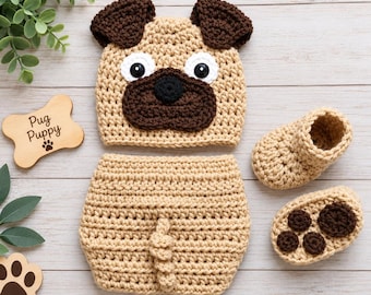 Crochet Baby Pug Puppy Hat and Diaper Cover, Newborn Photo Prop, Halloween Costume, Dog Bone Toy, Baby Shower Gift, Crochet Baby Hat