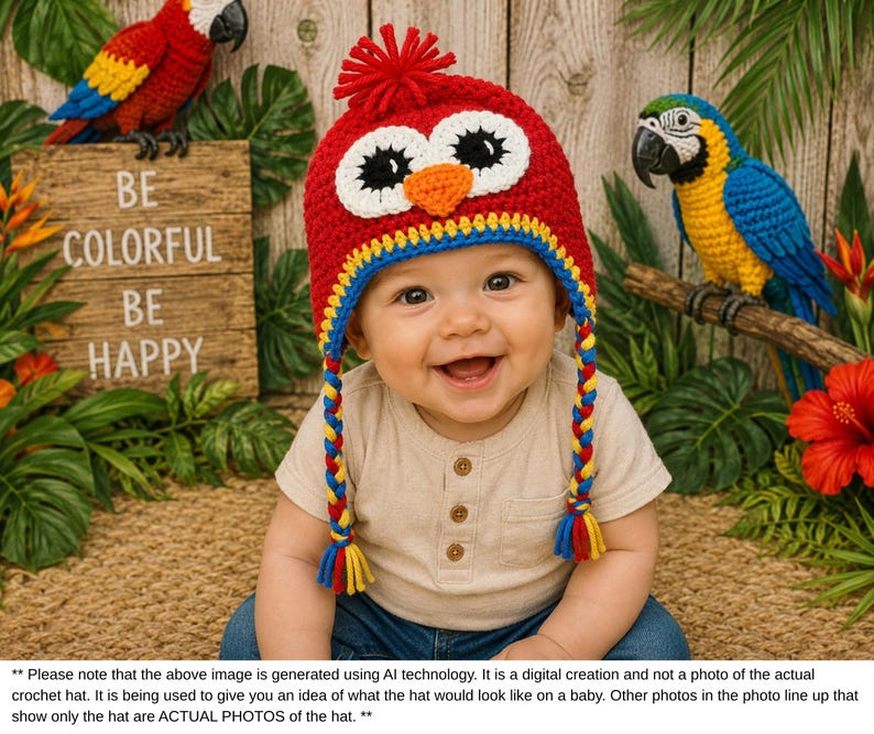 Puede incluir: Un beb&eacute; sonriente con un gorro de b&uacute;ho de ganchillo rojo, amarillo, azul y blanco. El gorro tiene orejeras trenzadas. El fondo incluye un letrero que dice "BE COLORFUL BE HAPPY" y dos figuras de loro.
