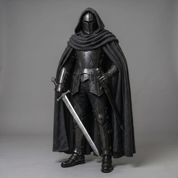 Black Knight Armor Set Plate Armor Medieval Full Body Armor Costume  Hooded Cloak & Halloween Cosplay LARP Warrior Suit For Event