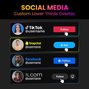 May include: A digital graphic with the text "SOCIAL MEDIA Custom Lower Thirds Overlay." It features four social media platform overlays: TikTok, Snapchat, Facebook, and X.com, each with a profile picture, username, and a call-to-action button.